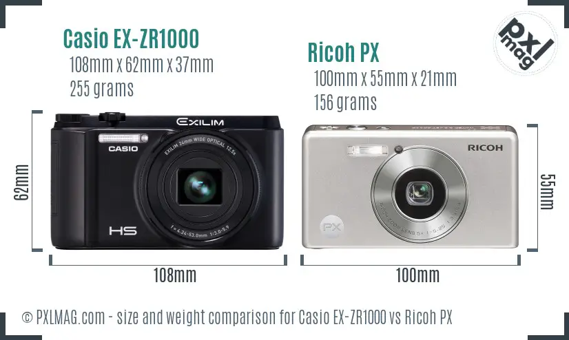 Casio EX-ZR1000 vs Ricoh PX size comparison