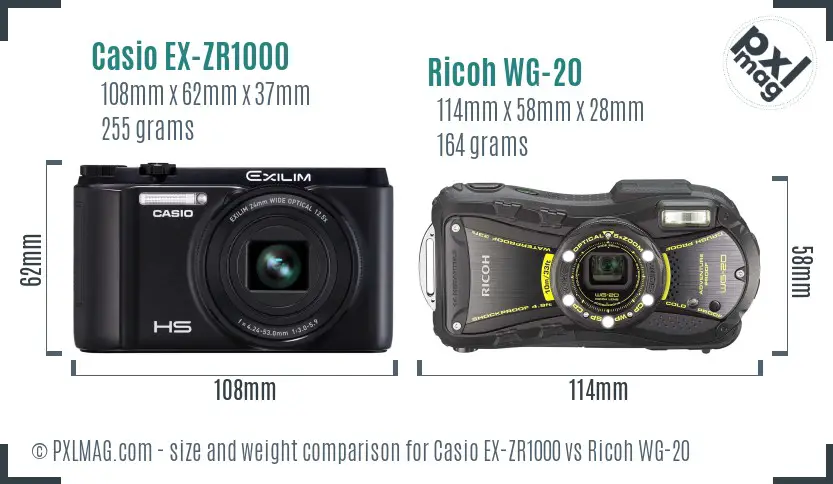 Casio EX-ZR1000 vs Ricoh WG-20 size comparison