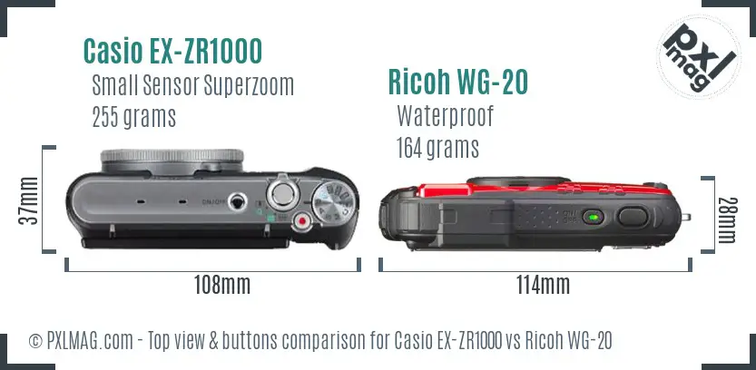 Casio EX-ZR1000 vs Ricoh WG-20 top view buttons comparison