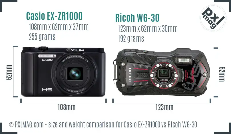 Casio EX-ZR1000 vs Ricoh WG-30 size comparison