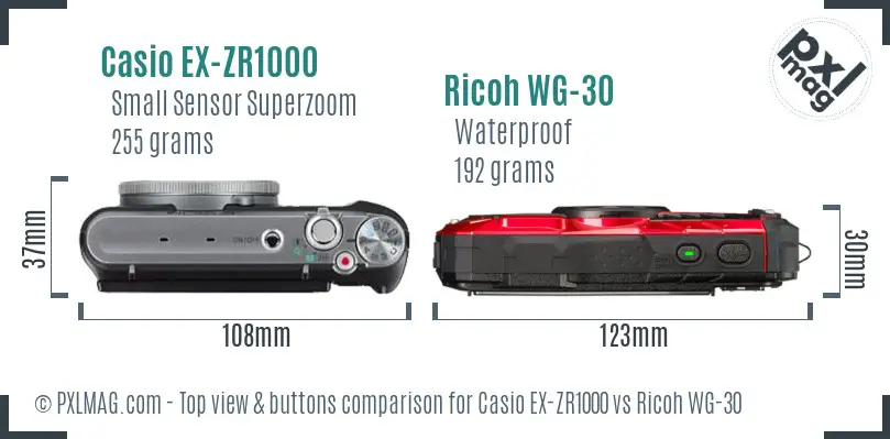 Casio EX-ZR1000 vs Ricoh WG-30 top view buttons comparison