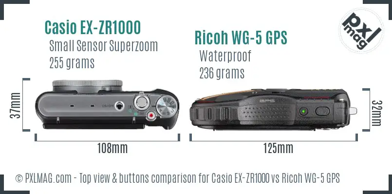 Casio EX-ZR1000 vs Ricoh WG-5 GPS top view buttons comparison