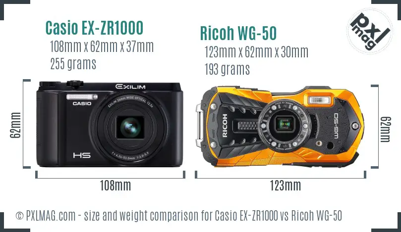 Casio EX-ZR1000 vs Ricoh WG-50 size comparison