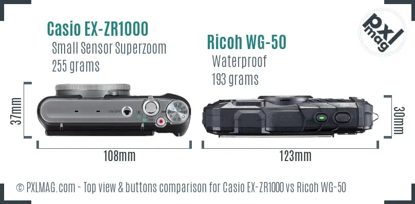 Casio EX-ZR1000 vs Ricoh WG-50 top view buttons comparison