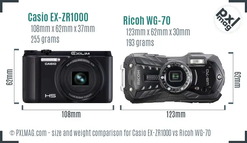 Casio EX-ZR1000 vs Ricoh WG-70 size comparison