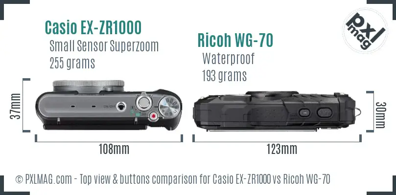 Casio EX-ZR1000 vs Ricoh WG-70 top view buttons comparison