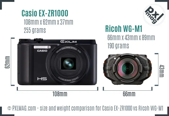 Casio EX-ZR1000 vs Ricoh WG-M1 size comparison