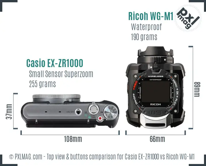 Casio EX-ZR1000 vs Ricoh WG-M1 top view buttons comparison