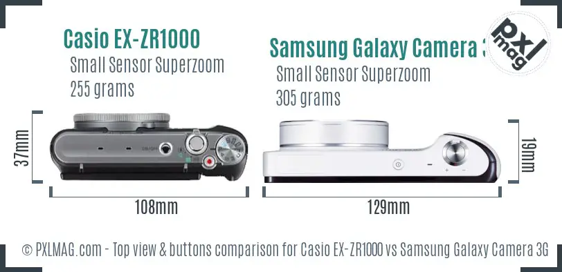 Casio EX-ZR1000 vs Samsung Galaxy Camera 3G top view buttons comparison Casio EX-ZR1000 vs Samsung Galaxy Camera 3G top view buttons comparison