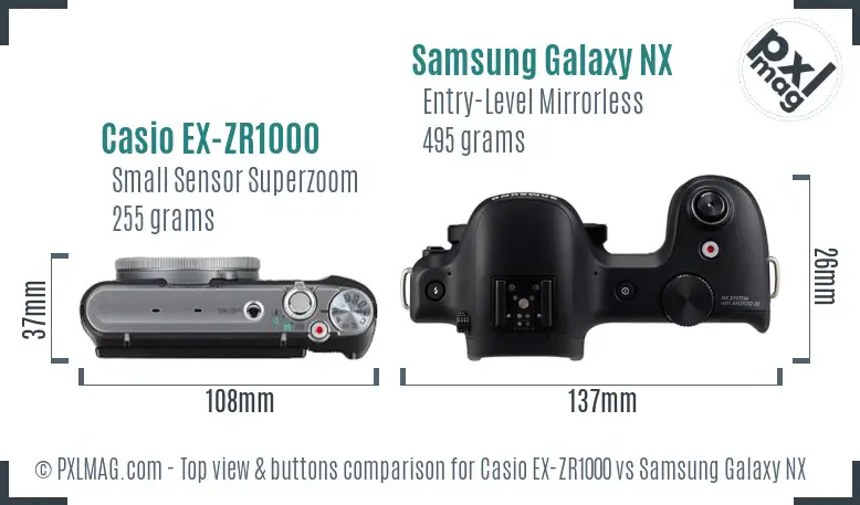 Casio EX-ZR1000 vs Samsung Galaxy NX top view buttons comparison