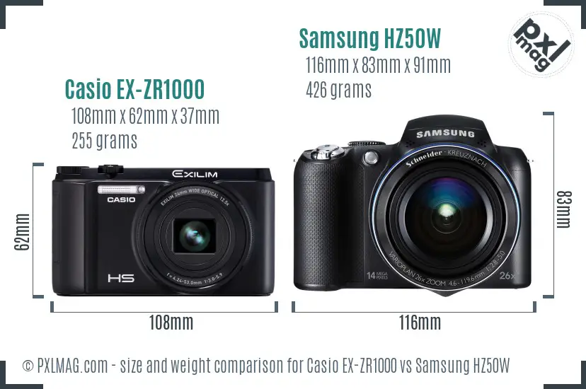 Casio EX-ZR1000 vs Samsung HZ50W size comparison