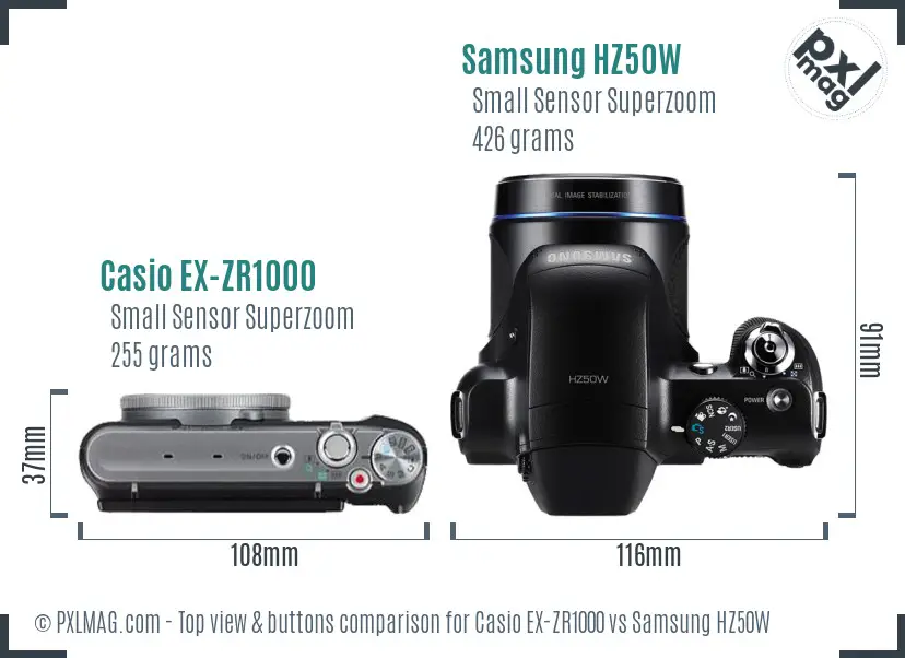 Casio EX-ZR1000 vs Samsung HZ50W top view buttons comparison