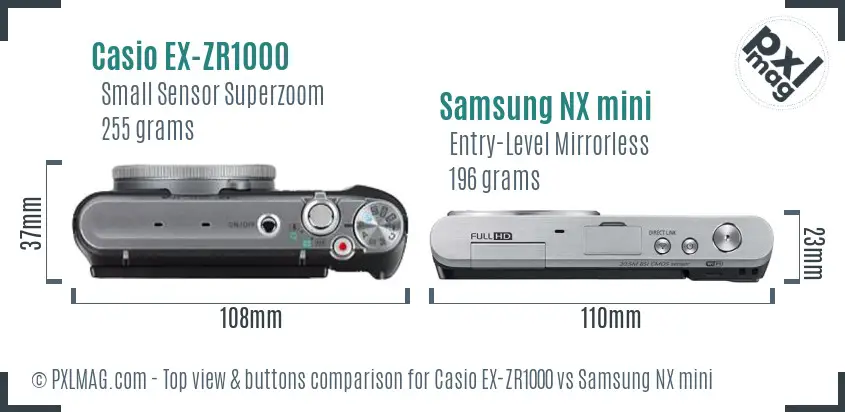 Casio EX-ZR1000 vs Samsung NX mini top view buttons comparison Casio EX-ZR1000 vs Samsung NX mini top view buttons comparison