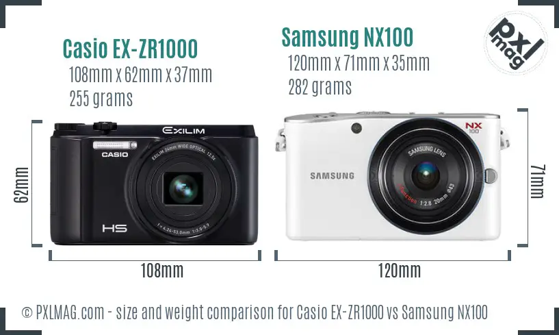 Casio EX-ZR1000 vs Samsung NX100 size comparison