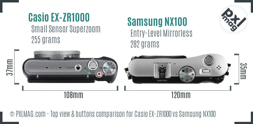 Casio EX-ZR1000 vs Samsung NX100 top view buttons comparison