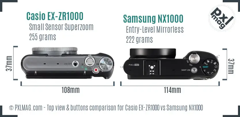 Casio EX-ZR1000 vs Samsung NX1000 top view buttons comparison Casio EX-ZR1000 vs Samsung NX1000 top view buttons comparison