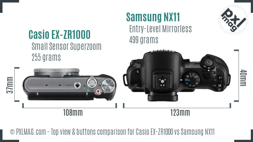 Casio EX-ZR1000 vs Samsung NX11 top view buttons comparison Casio EX-ZR1000 vs Samsung NX11 top view buttons comparison