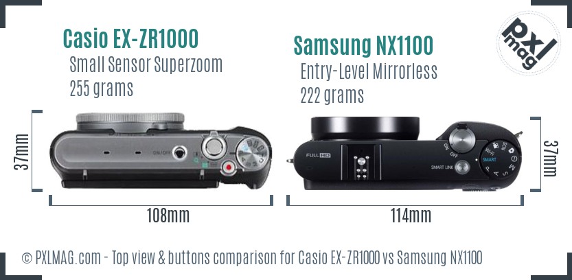 Casio EX-ZR1000 vs Samsung NX1100 top view buttons comparison