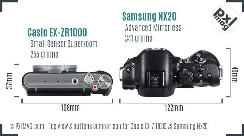 Casio EX-ZR1000 vs Samsung NX20 top view buttons comparison Casio EX-ZR1000 vs Samsung NX20 top view buttons comparison