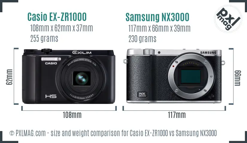 Casio EX-ZR1000 vs Samsung NX3000 size comparison
