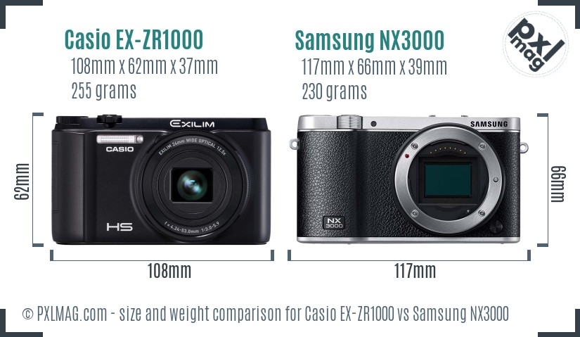 Casio EX-ZR1000 vs Samsung NX3000 size comparison Casio EX-ZR1000 vs Samsung NX3000 size comparison