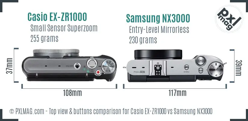 Casio EX-ZR1000 vs Samsung NX3000 top view buttons comparison