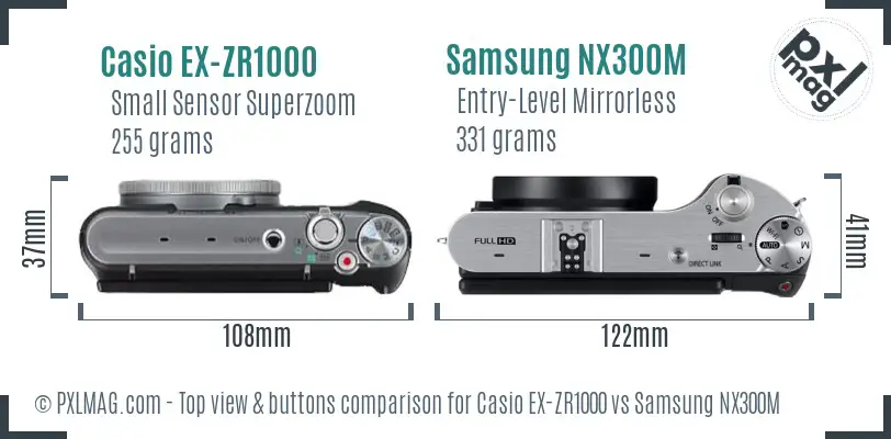 Casio EX-ZR1000 vs Samsung NX300M top view buttons comparison Casio EX-ZR1000 vs Samsung NX300M top view buttons comparison