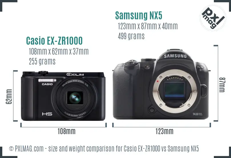 Casio EX-ZR1000 vs Samsung NX5 size comparison