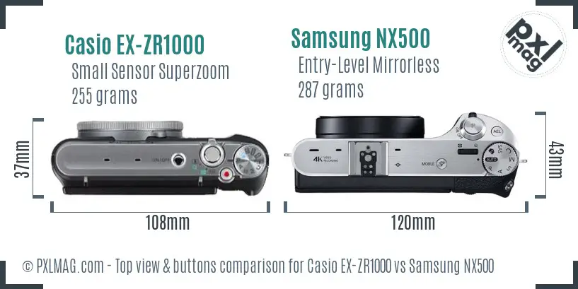 Casio EX-ZR1000 vs Samsung NX500 top view buttons comparison