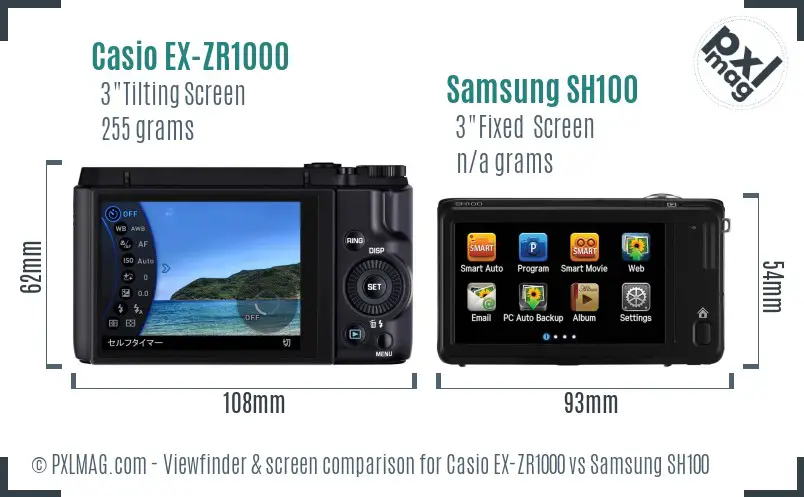 Casio EX-ZR1000 vs Samsung SH100 Screen and Viewfinder comparison