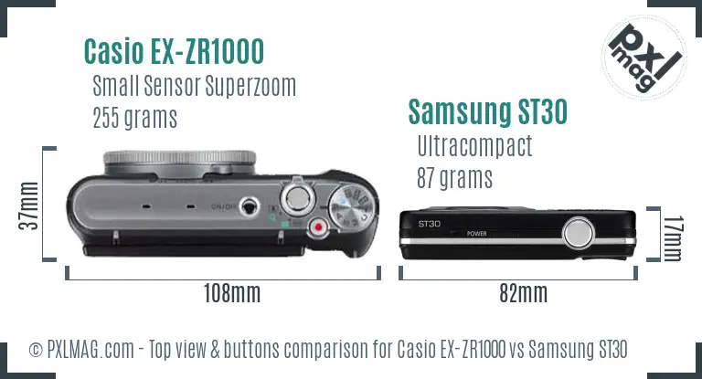 Casio EX-ZR1000 vs Samsung ST30 top view buttons comparison Casio EX-ZR1000 vs Samsung ST30 top view buttons comparison