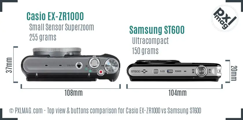 Casio EX-ZR1000 vs Samsung ST600 top view buttons comparison Casio EX-ZR1000 vs Samsung ST600 top view buttons comparison