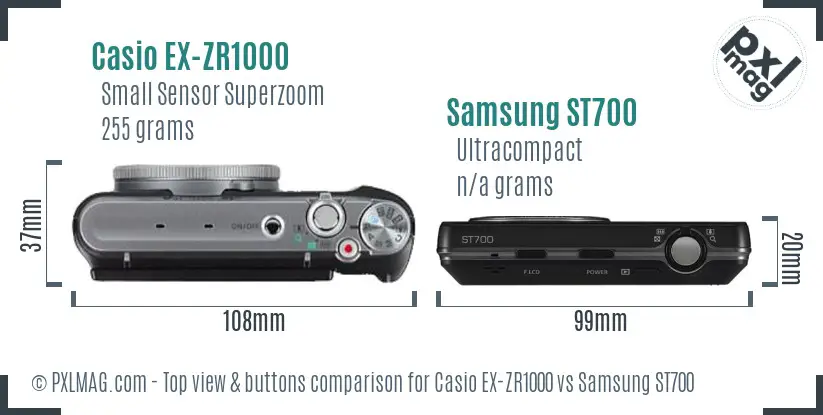 Casio EX-ZR1000 vs Samsung ST700 top view buttons comparison Casio EX-ZR1000 vs Samsung ST700 top view buttons comparison