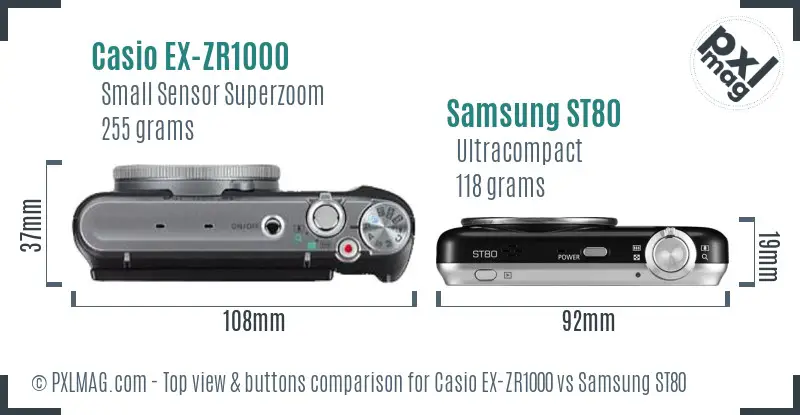 Casio EX-ZR1000 vs Samsung ST80 top view buttons comparison Casio EX-ZR1000 vs Samsung ST80 top view buttons comparison
