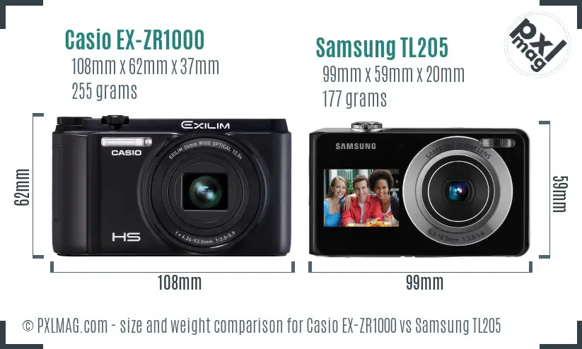 Casio EX-ZR1000 vs Samsung TL205 size comparison