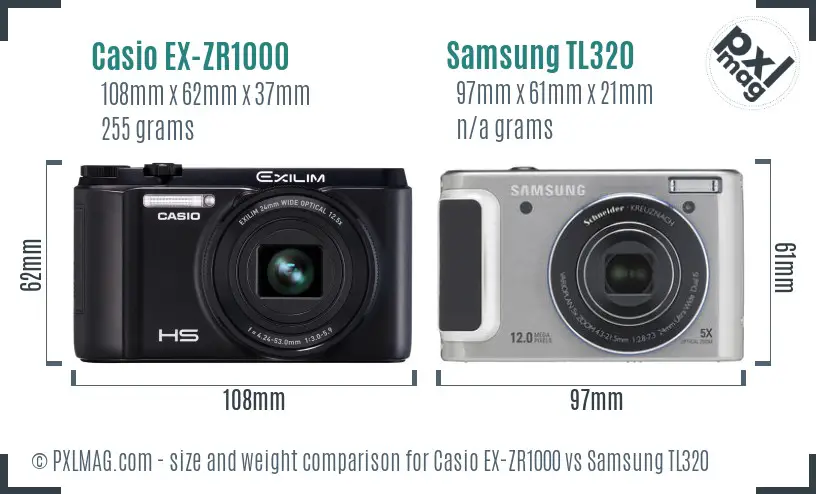 Casio EX-ZR1000 vs Samsung TL320 size comparison