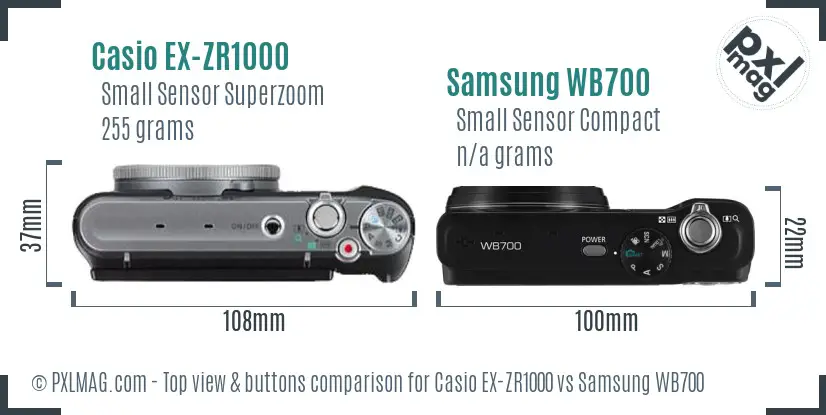 Casio EX-ZR1000 vs Samsung WB700 top view buttons comparison Casio EX-ZR1000 vs Samsung WB700 top view buttons comparison