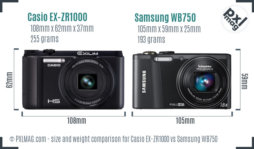 Casio EX-ZR1000 vs Samsung WB750 size comparison