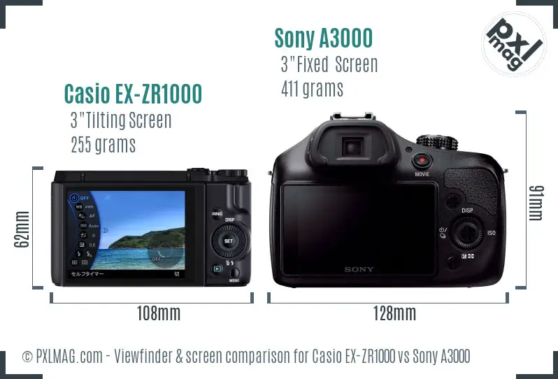 Casio EX-ZR1000 vs Sony A3000 Screen and Viewfinder comparison