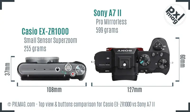 Casio EX-ZR1000 vs Sony A7 II top view buttons comparison