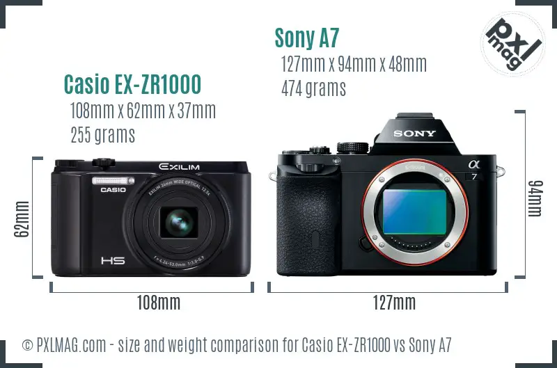 Casio EX-ZR1000 vs Sony A7 size comparison