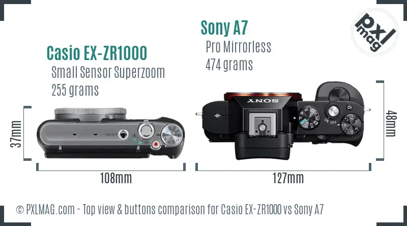 Casio EX-ZR1000 vs Sony A7 top view buttons comparison