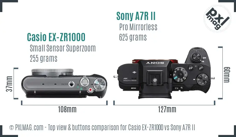 Casio EX-ZR1000 vs Sony A7R II top view buttons comparison