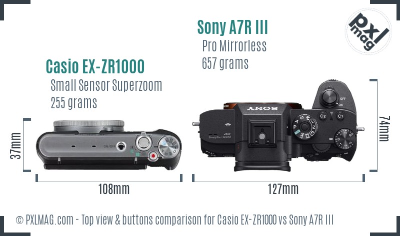 Casio EX-ZR1000 vs Sony A7R III top view buttons comparison