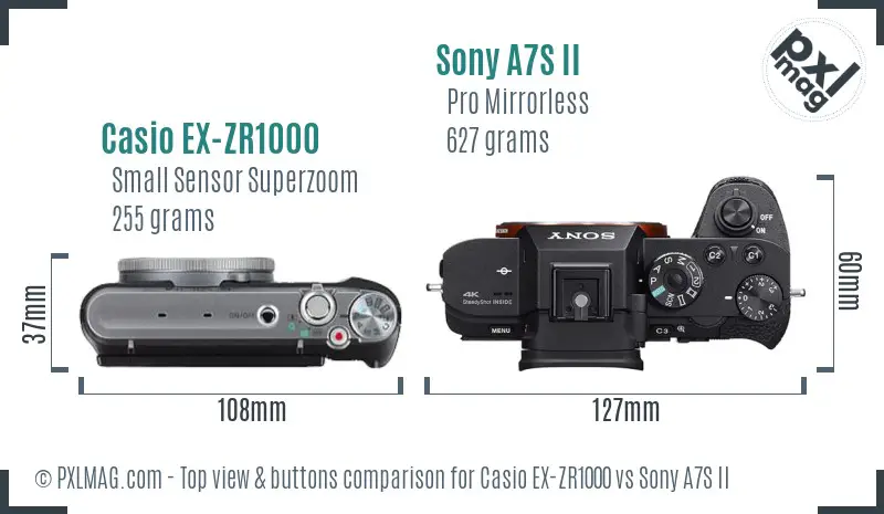 Casio EX-ZR1000 vs Sony A7S II top view buttons comparison