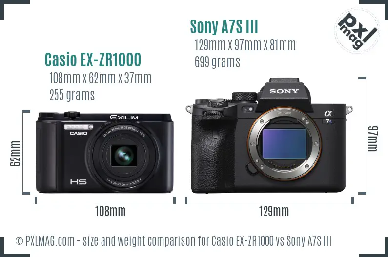 Casio EX-ZR1000 vs Sony A7S III size comparison