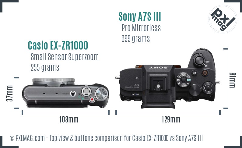 Casio EX-ZR1000 vs Sony A7S III top view buttons comparison