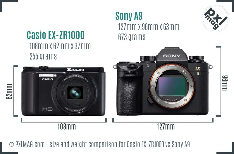 Casio EX-ZR1000 vs Sony A9 size comparison