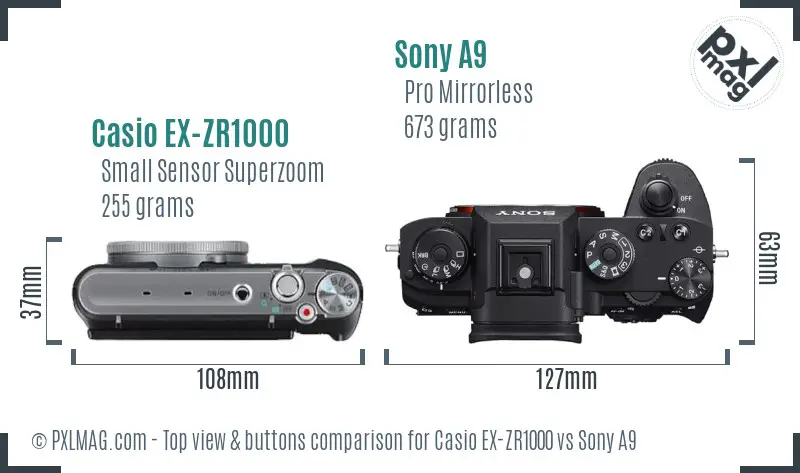 Casio EX-ZR1000 vs Sony A9 top view buttons comparison