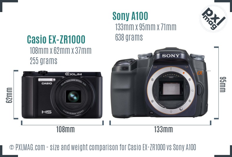 Casio EX-ZR1000 vs Sony A100 size comparison